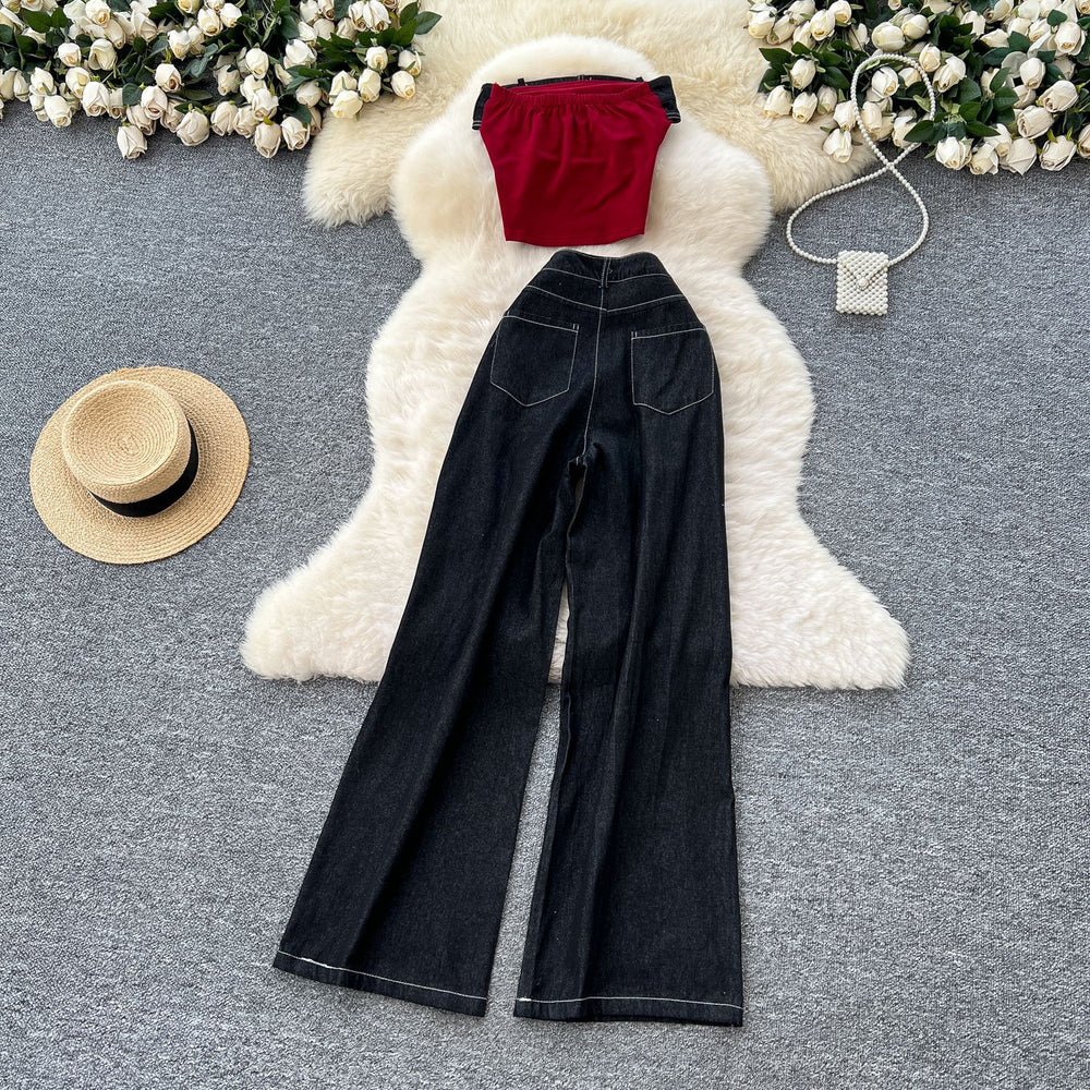 American style women's summer outfit: sexy & spicy letter embroidered sleeveless bandeau top with high-waisted denim wide-leg casual pants