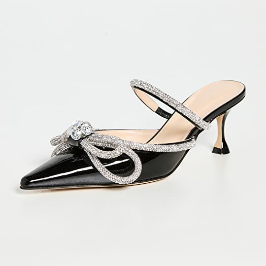 European and american black bow rhinestone high heel slippers pointed toe closed toe slip-on sandals outdoor european and american style stiletto heels