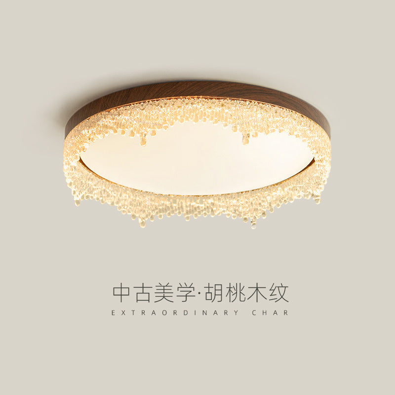 New chinoiserie walnut frame crystal water drop round led ceiling light accessible luxury bedroom master bedroom living room study