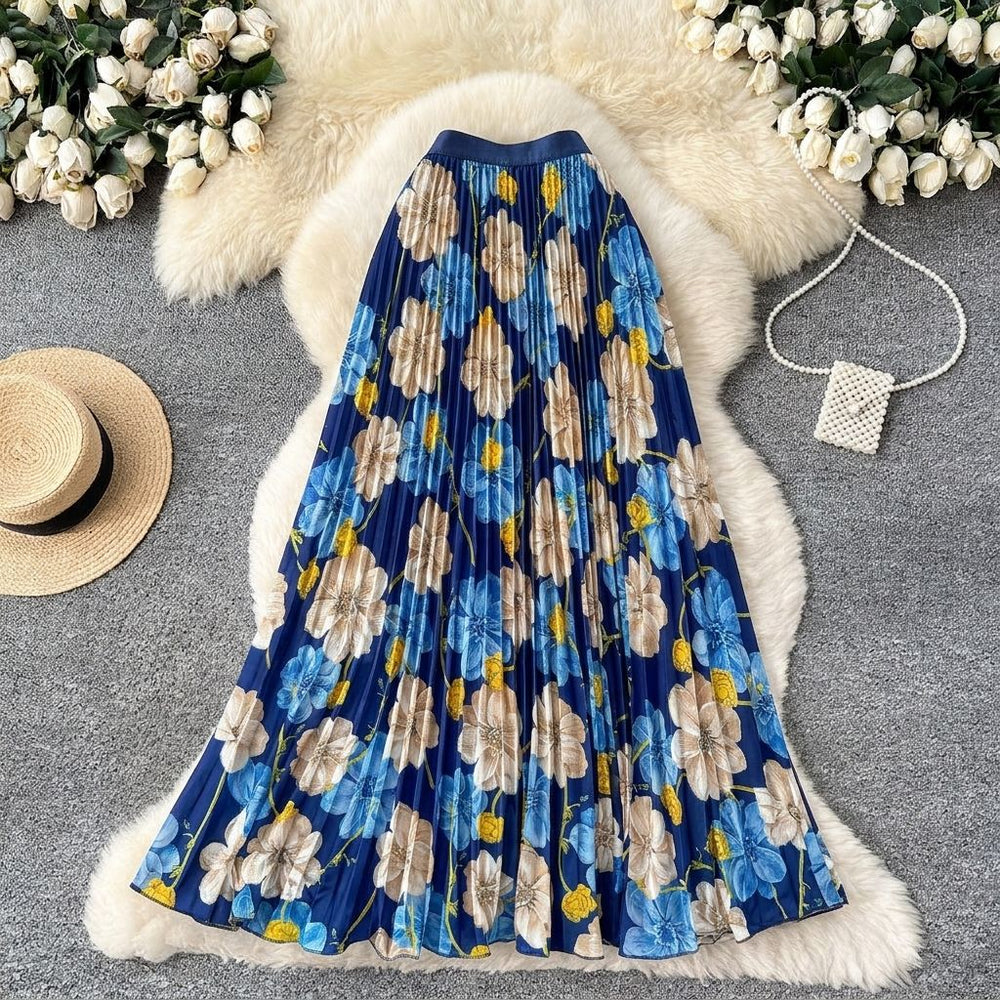 Vintage print pleated elastic waist fashion skirt - women's high-waisted a-line skirt - commute-friendly, flowy maxi skirt for summer