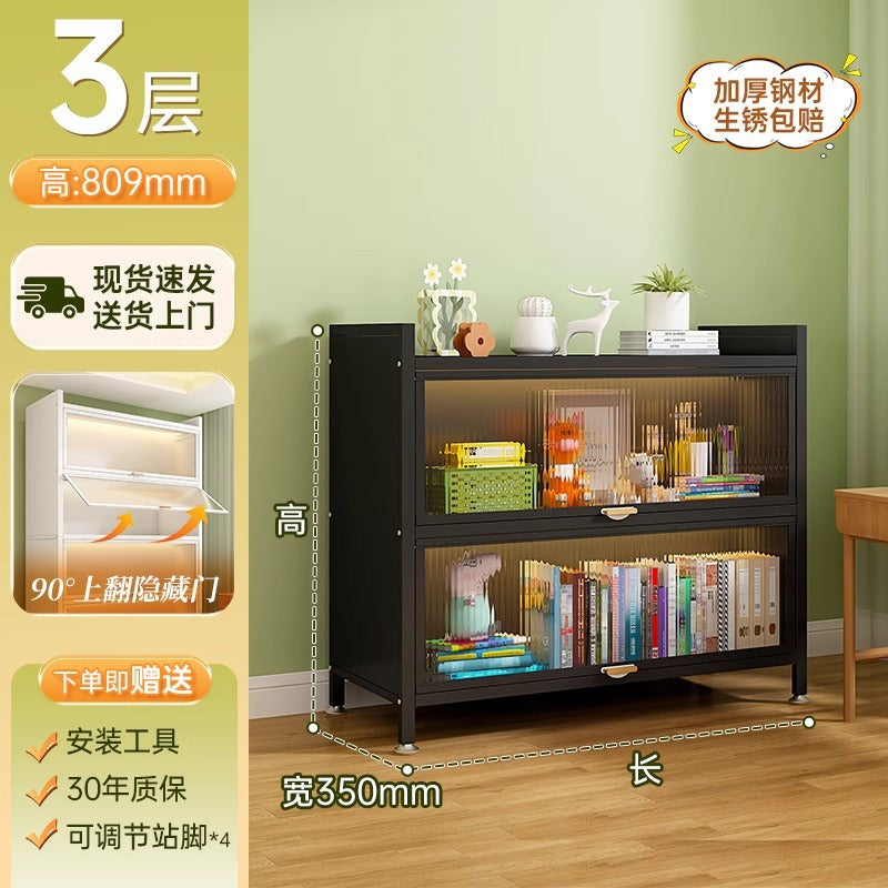 Steel dustproof bookcase with doors, integrated children's bookshelf, wall-mounted floor-standing storage rack, living room storage cabinet, organizer