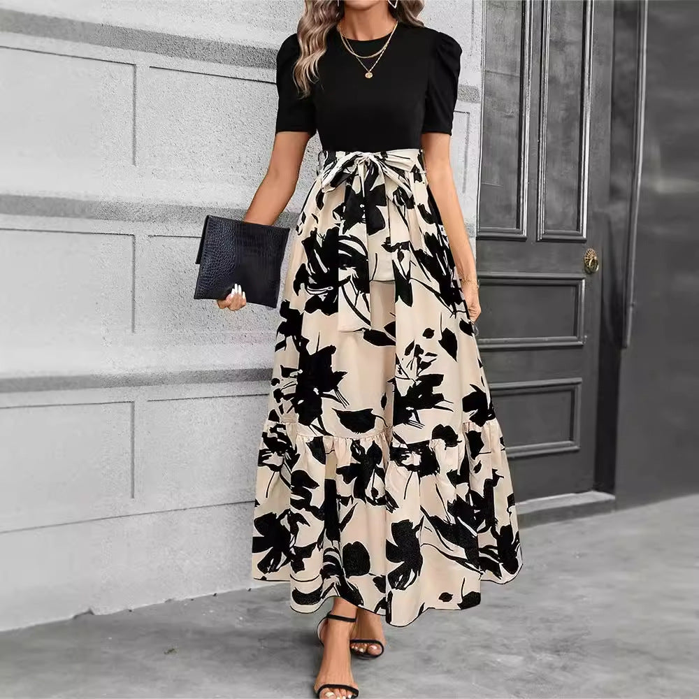 Amazon  european and american women's floral print high-waisted elegant chiffon dress - chic & versatile for work