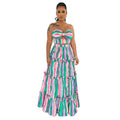 X6646 cross-border   fashion women's sleeveless bandeau striped print maxi dress two-piece set