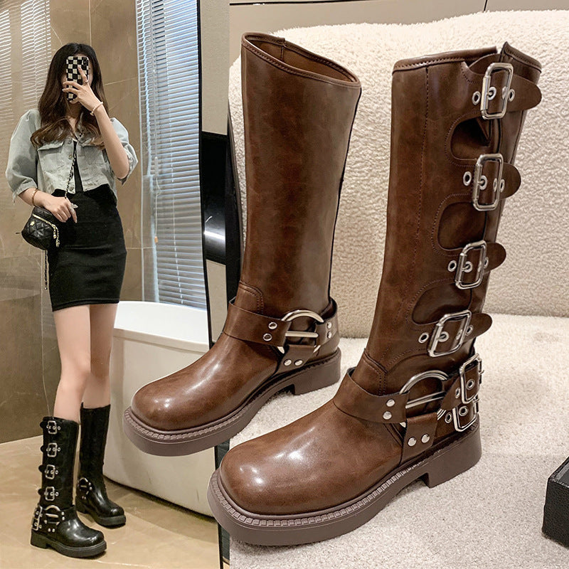 2023 retro women's boots leather thick heel high boots square head knight boots brown high fashion boots