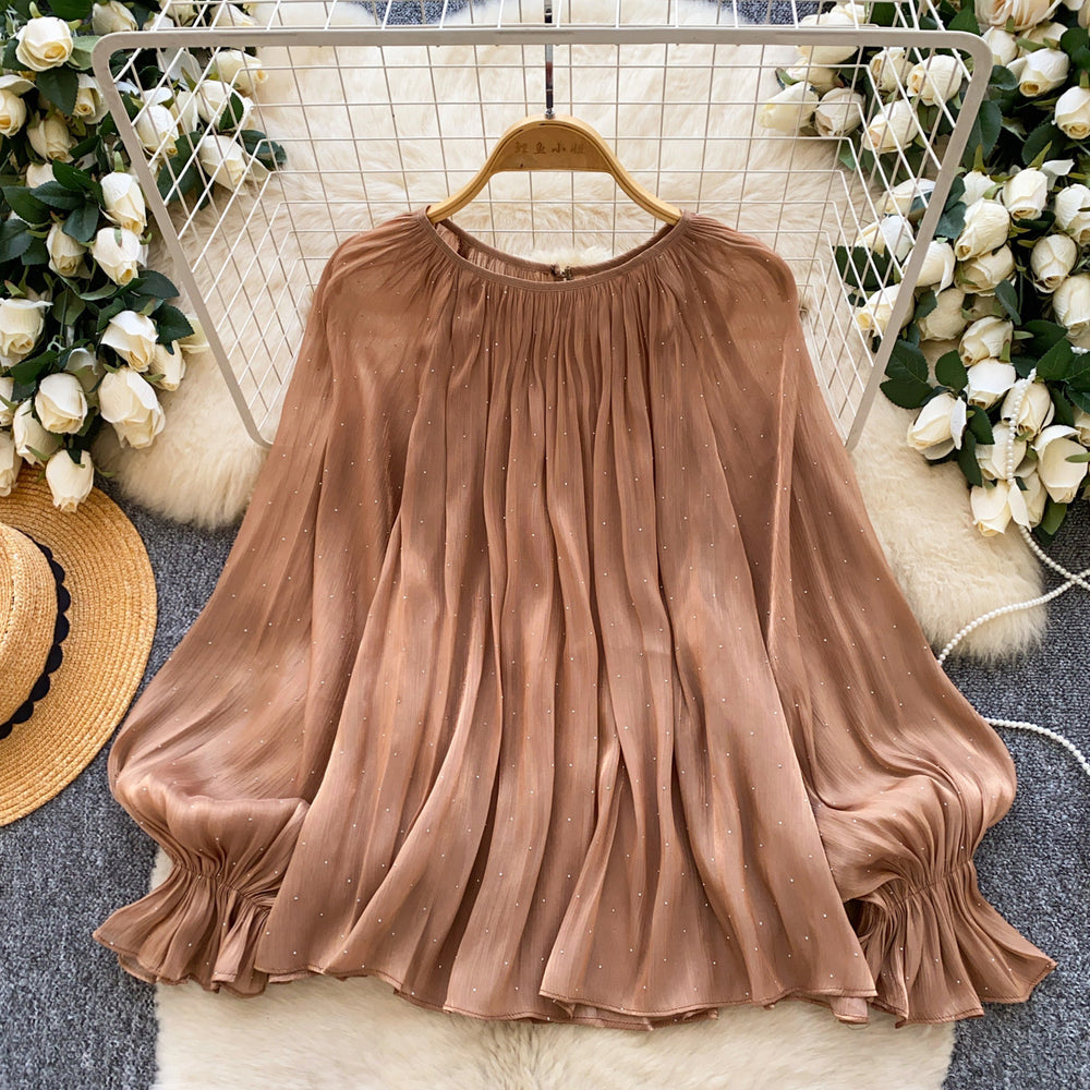 French style palace style heavy industry hot diamond patchwork lantern sleeve streamer mesh shirt loose flesh-covering tops