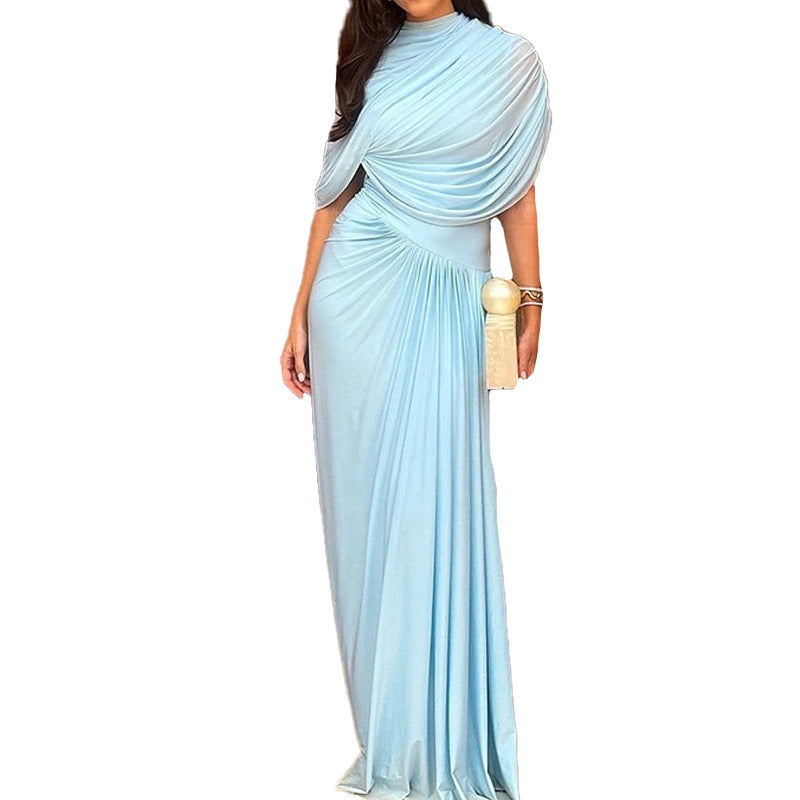 cross-border e-commerce women's fashion: european and american summer new arrivals - stylish solid color, cinched waist, pleated elegant evening gown dress
