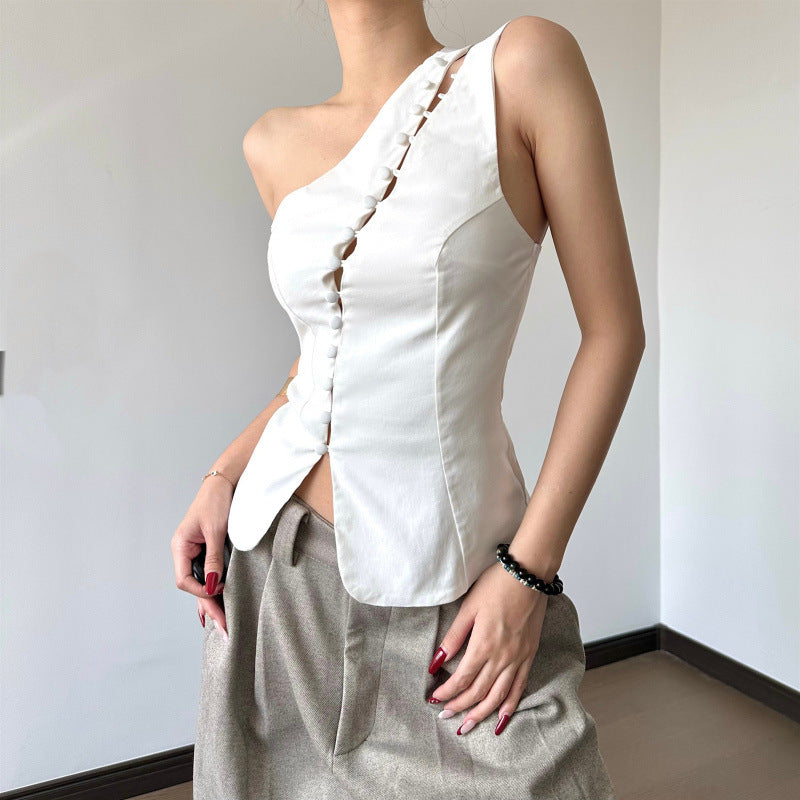 women's spring  new fashion design asymmetrical neck hook-and-eye closure sleeveless tank top - hot girl style