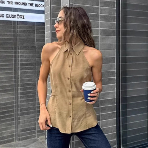 Cross-border European and American commuting khaki lapel vest women's 2025 autumn simple waist with sleeveless top women's clothing