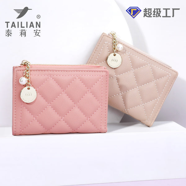 Terian cute wallet women's short ins embroidery thread, small fragrant style pu pearl pendant girls' change bag wholesale