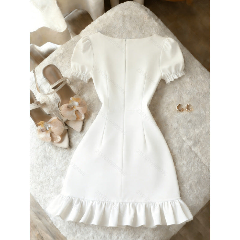Women's new summer french chic solid color square neck fitted short dress - perfect for going out and dating