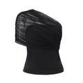 Amazon women's clothing  summer new sexy asymmetrical neck off-shoulder mesh panel solid color cinched waist see-through top