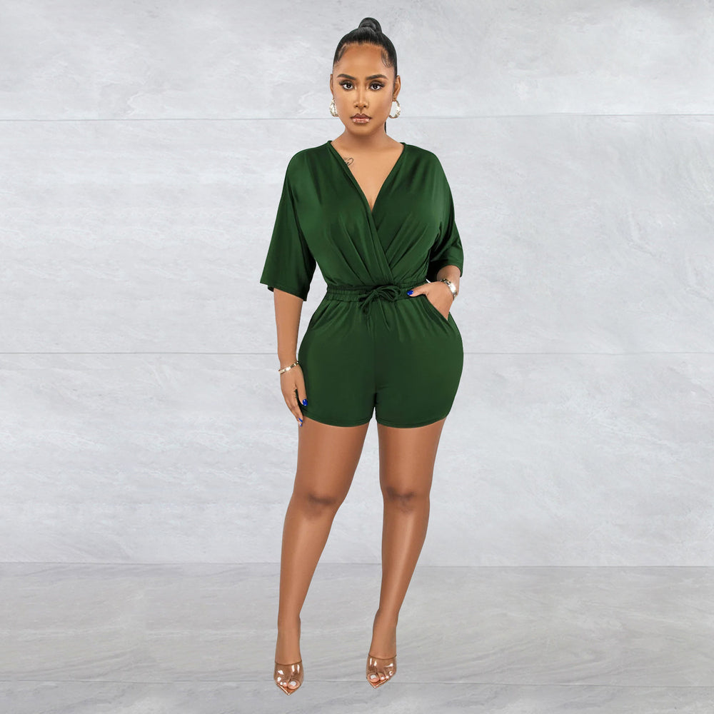 C6308 special offer: no returns or exchanges. please purchase with care. cross-border fashion women's tie-up v-neck mid-sleeve shorts jumpsuit