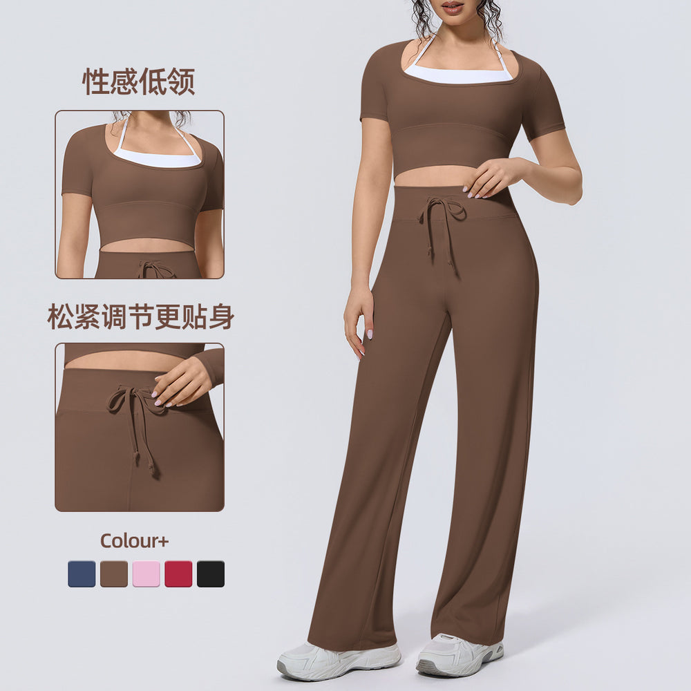 pure color double-piece nude high-elastic fake two-piece yoga suit sports running fitness short-sleeved two-piece set for women