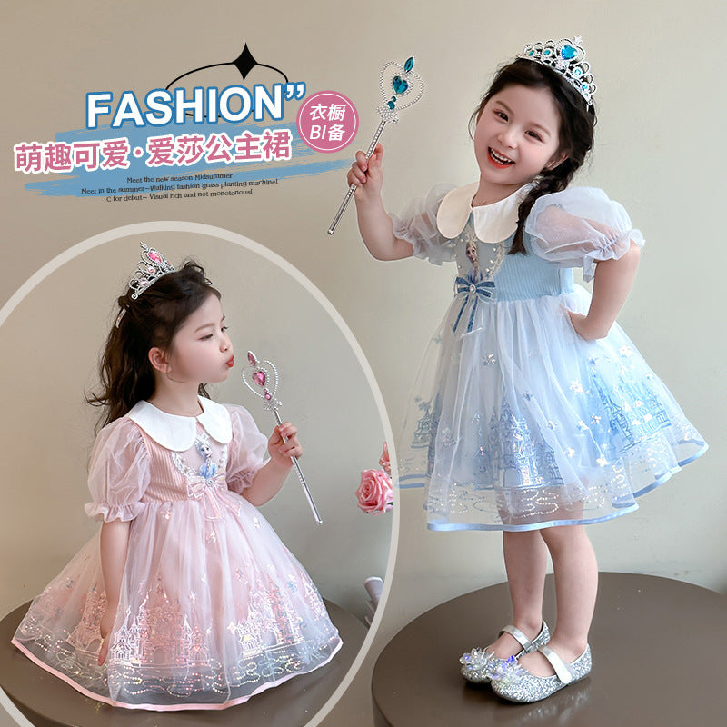 Girls' summer dress - stylish bubble sleeve mesh princess dress - frozen elsa style for little girls