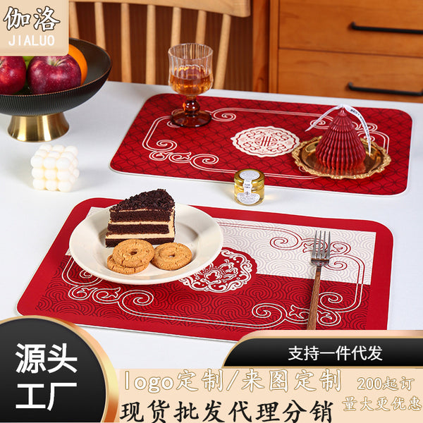 New Chinese-style Guochao placemat waterproof and oil-proof leave-in creative leather non-slip dining table mat festive auspicious red coaster