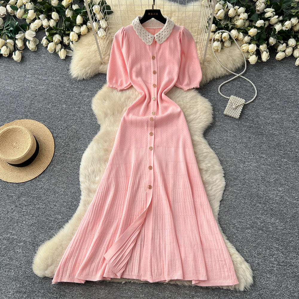 French chic knitted dress - women's summer single-breasted pleated design, elegant, unique, and sophisticated maxi dress