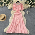 French chic knitted dress - women's summer single-breasted pleated design, elegant, unique, and sophisticated maxi dress