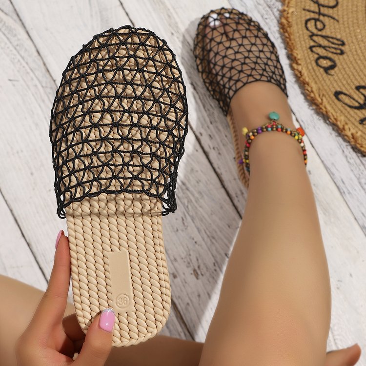 Exportplus sizesummernew arrival woven fishnet baotou half slippers women's outwearcut out mesh breathable flats sandals