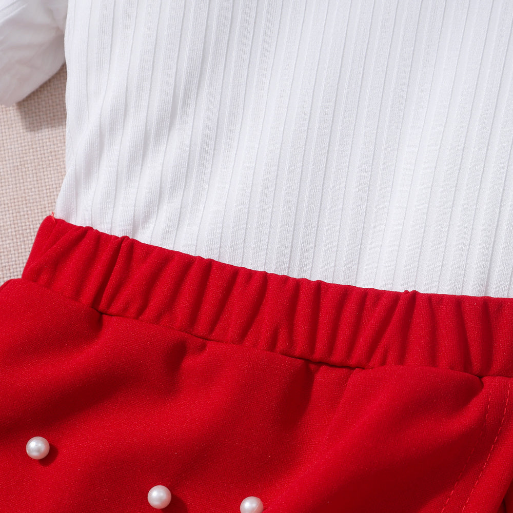 Girls' two-piece outfit: short-sleeve crewneck ribbed top + beaded culottes set