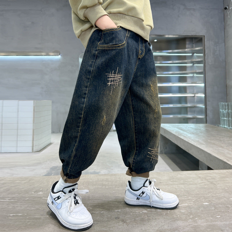 Boys' fleece-lined jeans: new spring/autumn collection - stylish kids' pants, dad jeans for older boys, versatile trousers for mid-to-large children