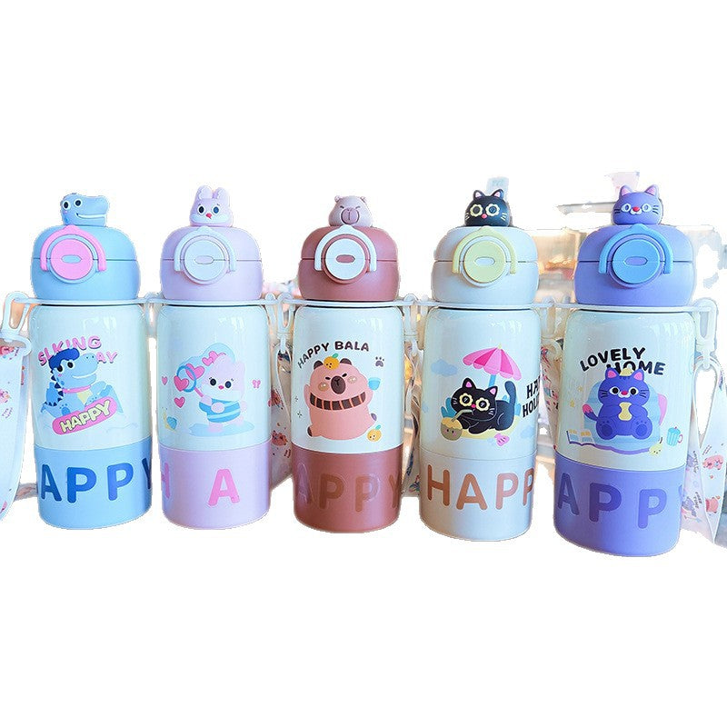 Creative double-drink kids' thermos: 316 stainless steel, one cup, three ways to drink, cute character straw cup, large capacity water bottle
