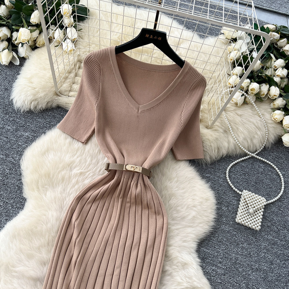 Korean style v-neck knitted dress - women's  summer slim fit bodycon maxi dress - commute-friendly, elegant, and chic