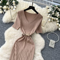 Korean style v-neck knitted dress - women's  summer slim fit bodycon maxi dress - commute-friendly, elegant, and chic
