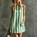 New european and american  fashion retro striped sleeveless crew neck cotton linen mini dress