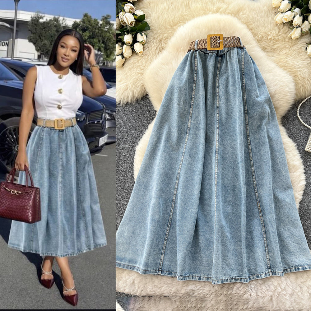 Retro style denim a-line woven belt skirt for women summerhigh waistslimming look medium longeasiest for match large skirt