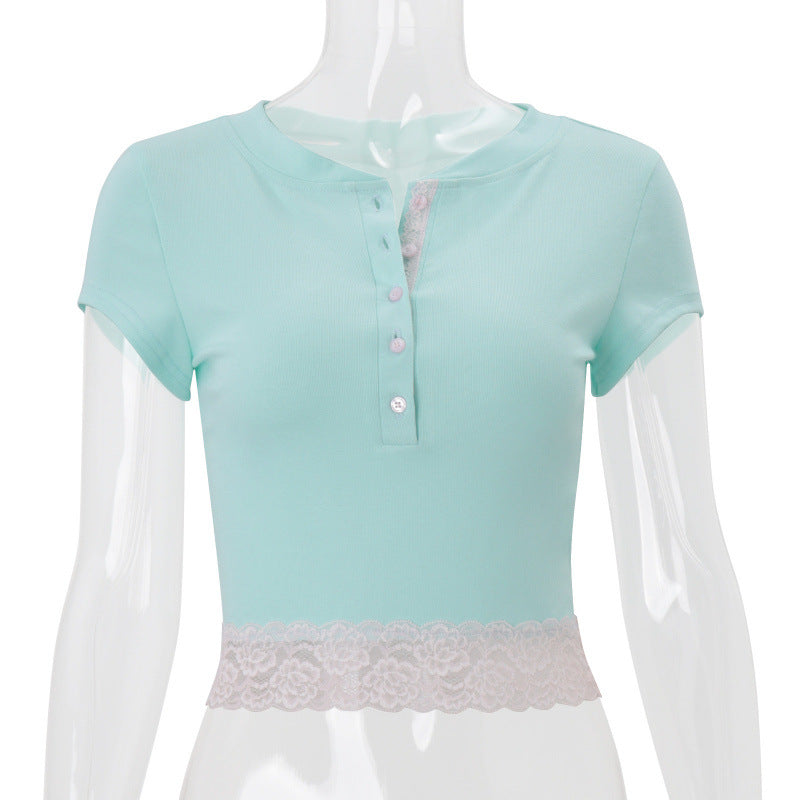 European and american women's clothing  summer new fashion versatile sheer single-breasted slim-fit elegant lace trim cropped top