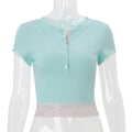 European and american women's clothing  summer new fashion versatile sheer single-breasted slim-fit elegant lace trim cropped top