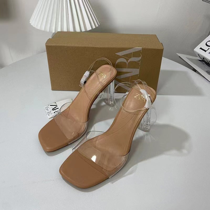 Spain 2024 summer new arrival: versatile french-style open-toe rhinestone stiletto transparent sandals & slippers for women
