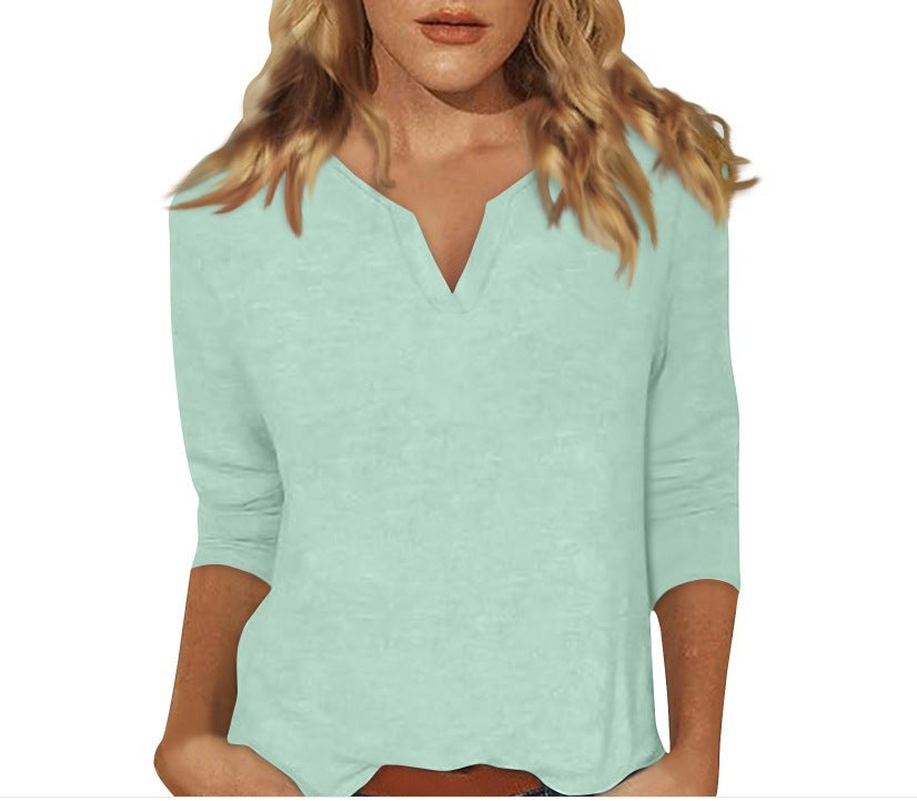cross-border women's v-neck 3/4 sleeve solid color t-shirt top