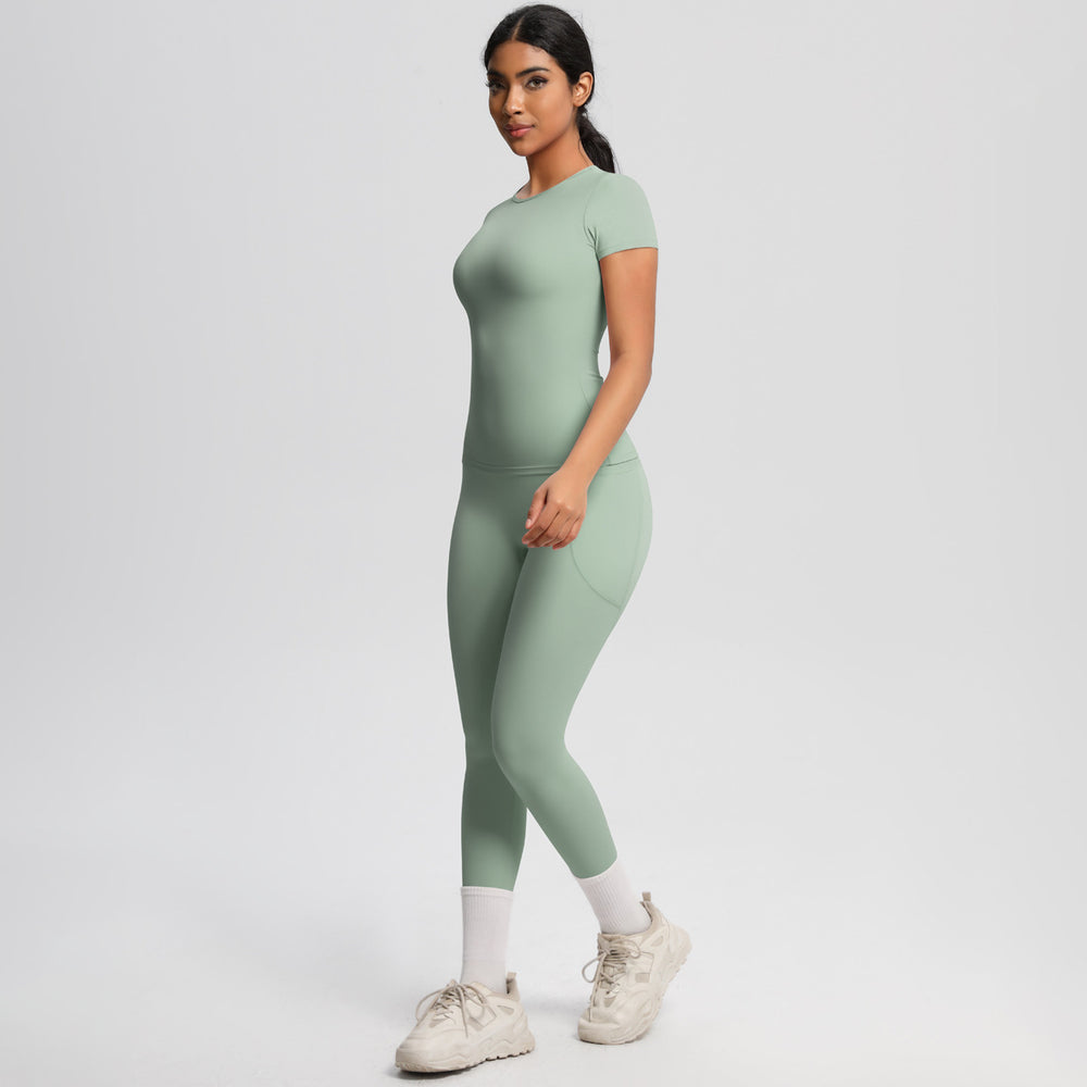 European and american solid color nude feel brushed short-sleeve yoga top and high-waisted butt-lifting fitness leggings quick-dry running workout set