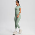 European and american solid color nude feel brushed short-sleeve yoga top and high-waisted butt-lifting fitness leggings quick-dry running workout set