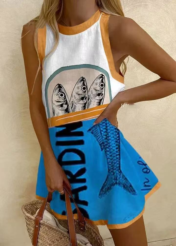 autumn new arrival: women's round neck sleeveless shirt, longline sweatshirt with ocean-themed casual design for independent e-commerce stores