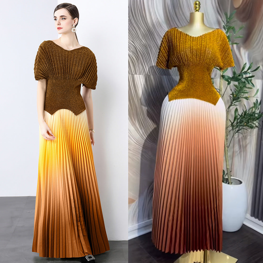 Miya pleated suit women's summer sense of design silm sparkly short sleeve topshigh waist gradient color pleated skirt