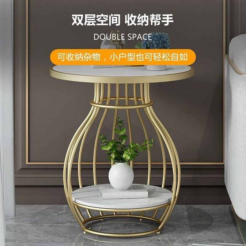 Rock slab small coffee table for home small apartment side table living room balcony round tea table double-layer storage beauty salon small table