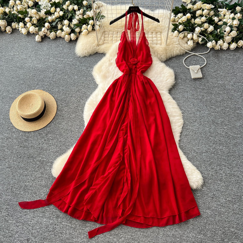 Beach vacation dress women's summer dress sense of design v neck halter suspender backless slit chiffon beach skirt long skirt
