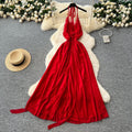 Beach vacation dress women's summer dress sense of design v neck halter suspender backless slit chiffon beach skirt long skirt