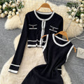 Xiaoxiangfeng socialite classysuit women's autumfashioncontrast color round neck long sleevesknittingcardigan sleeveless vest skirt