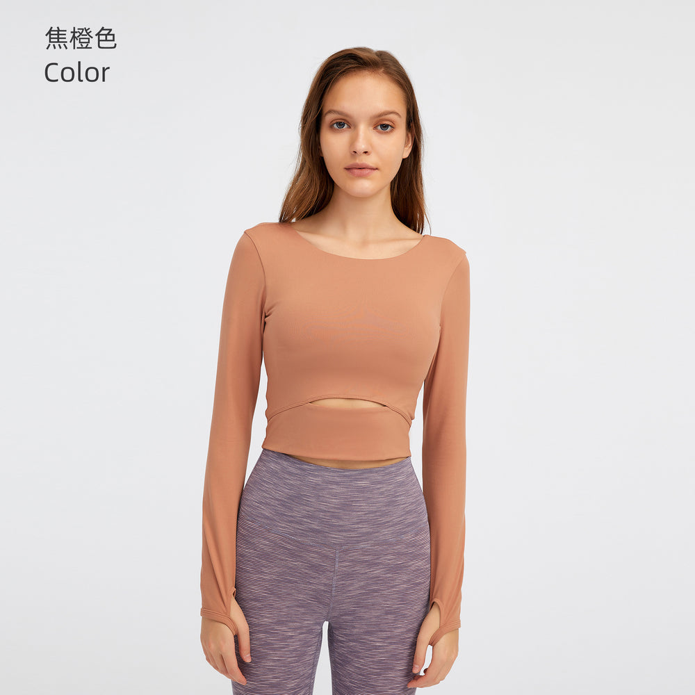 European and american new style padded sports long sleeve t-shirt, fashionable cropped fit, outdoor running slim yoga top for women s2032
