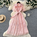 French chic embroidered lace dress - women's summer korean style a-line midi dress with cinched waist - perfect for work and everyday wear