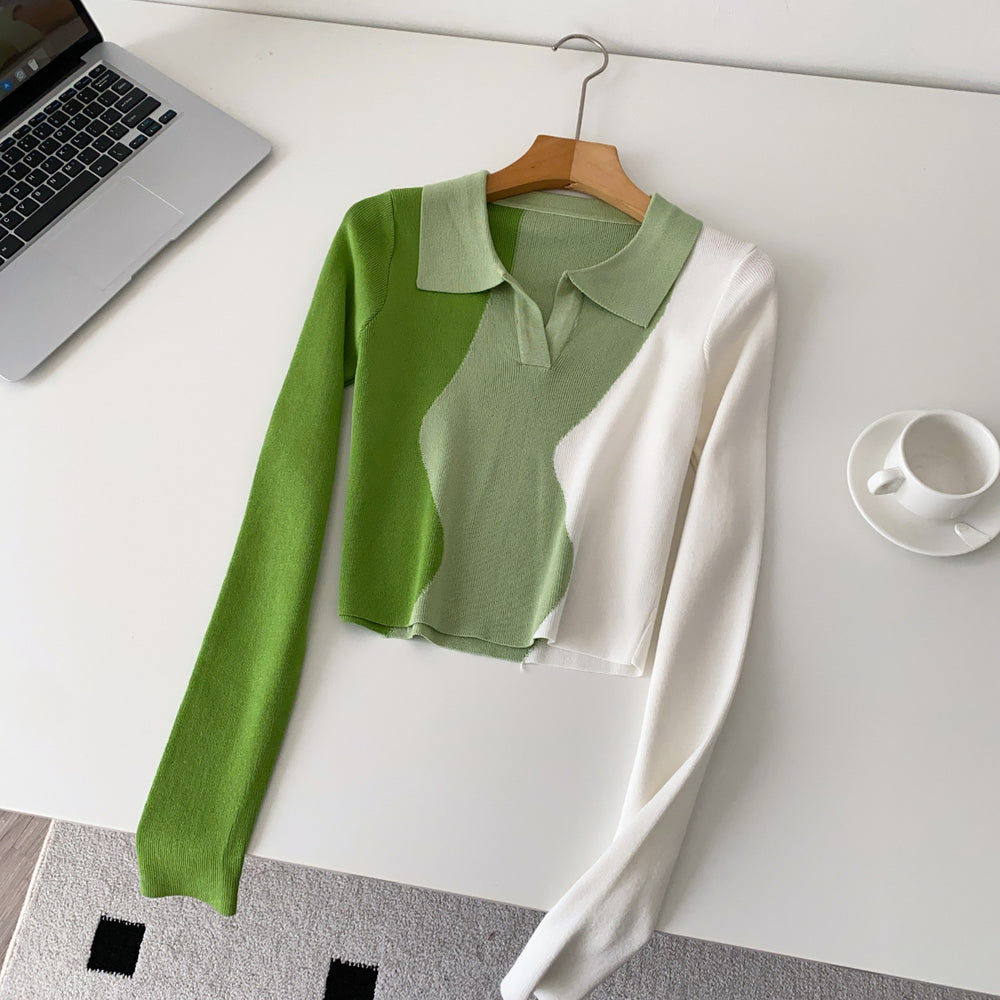 Niche stylesense of designretrofashion color matching polo collar long sleevesknitting shirt women's autumslimslimming lookshorttops