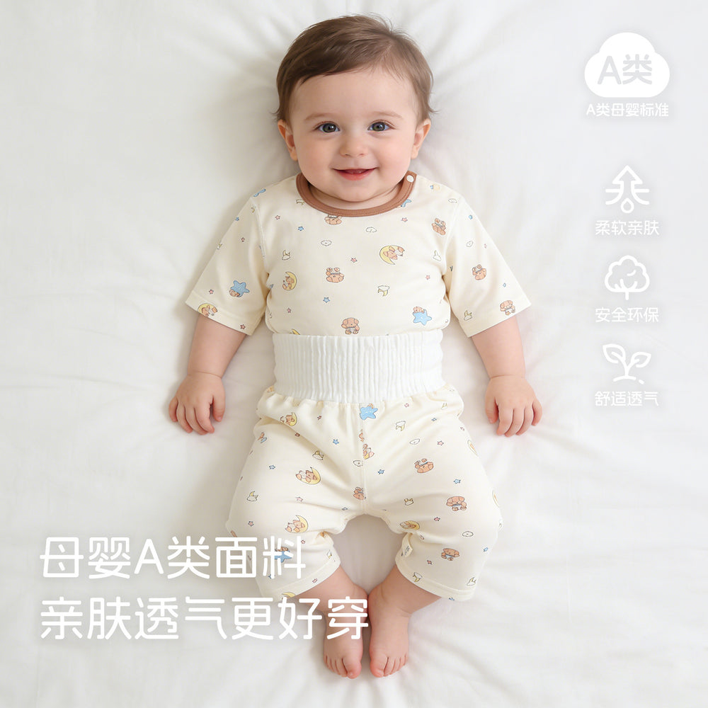 Baby pajamas mocotton thin style kids' loungewear summer boys' and girls' three-quarter sleeve air conditioning suit high-waisted set