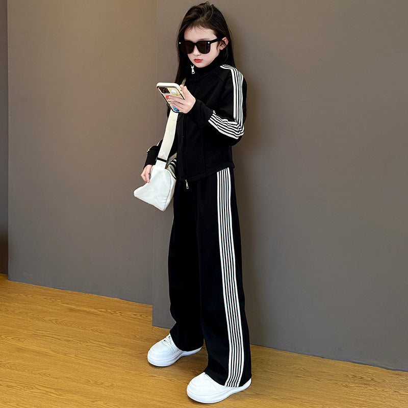 Girls'  new side stripe tracksuit set - spring/autumn casual straight-leg pants - girls' activewear two-piece set