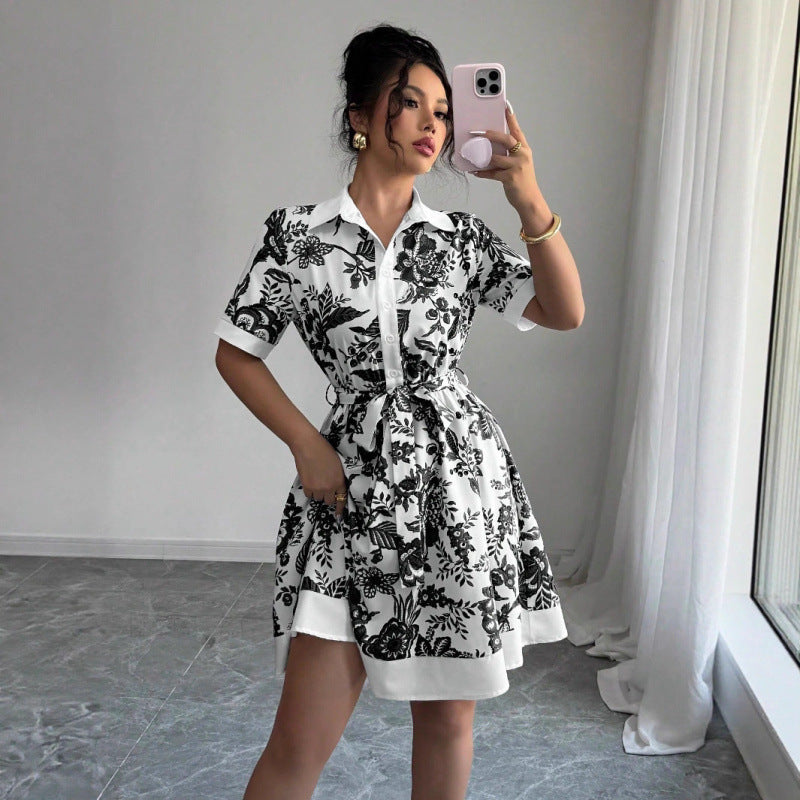 Aliexpress cross-border new arrival: european and american style women's summer printed tie-waist single-breasted dress