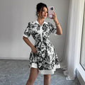 Aliexpress cross-border new arrival: european and american style women's summer printed tie-waist single-breasted dress