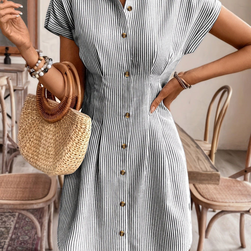 Shipped: cross-border  fashion summer shirt dress - blue striped cardigan short-sleeve dress