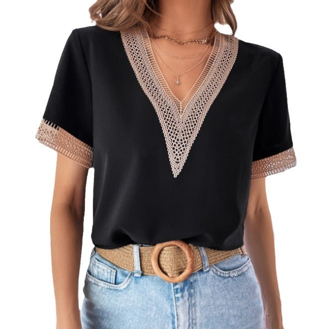 new european and american style satin lace trim v-neck solid color loose-fit top - elegant commute short-sleeve blouse
